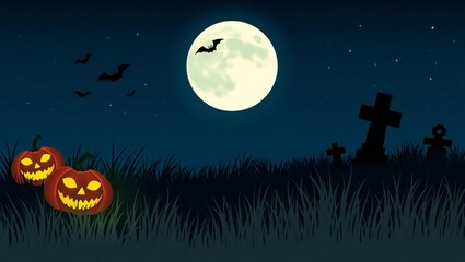 Spooky halloween night with glowing pumpkins and full moon over a graveyard