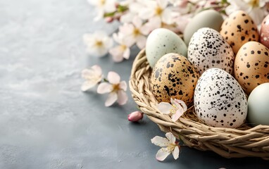 Obraz premium Speckled Easter Eggs in Nest with Spring Blossoms