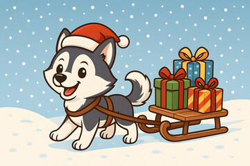 Christmas Husky Dog Pulling Sled with Gifts in Snow Cartoon Illustration