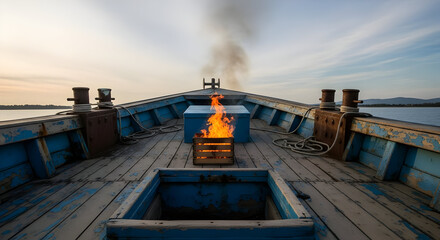 Old Blue Boat with Fire in the Center Floating on Calm Water Under Cloudy Sky