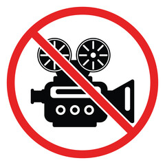 No Video Recording Sign Vector – Camera Prohibited Symbol, Stop Filming Icon, Red Circle and Slash Design