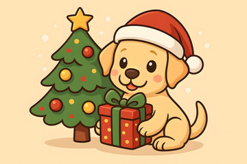 Cute Puppy in Santa Hat with Christmas Tree and Gift Cartoon