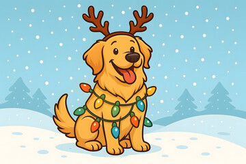 Golden Retriever Dog with Christmas Lights and Reindeer Antlers Cartoon