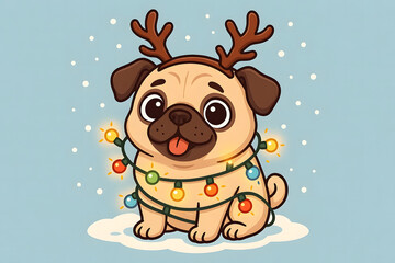 Adorable Pug Puppy Wrapped in Christmas Lights with Reindeer Antlers Cartoon