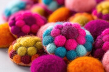 Close-up of colorful felted pom-pom buttons