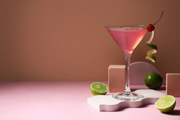 Glass of tasty Cosmopolitan cocktail garnished with cherry and limes on pink table against brown background