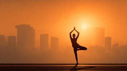 Fototapeta premium Sunrise Yoga Practice in the City Highlighting Tranquility and Balance Against a Vibrant Skyline Background