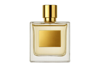 Perfume bottle with gold cap and transparent background