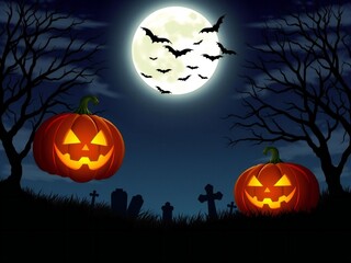 Spooky halloween night with glowing jack o lanterns and bats flying under the moon