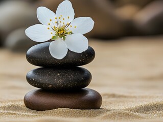 Serene Stacked Stones with Delicate White Flower on Sand