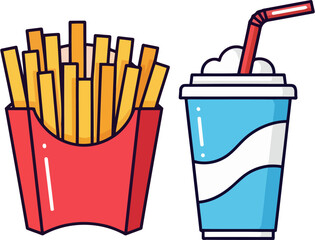 French Fries and Soda Cup Vector Icon in Flat Minimal Style for Fast Food Combo, Cafe Menu, Takeaway Drink, and Snack Brand Illustration