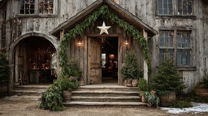 Cozy rustic cabin entrance adorned with festive Christmas greenery and twinkling lights, inviting warmth and holiday spirit