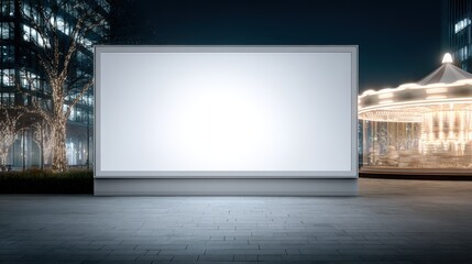 Empty billboard mock up with copy space illuminated at night in urban setting, surrounded by trees and a carousel, showcasing modern city atmosphere and design potential
