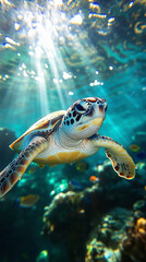 Fototapeta premium A beautiful sea turtle swims peacefully in the clear blue ocean, with bright sunbeams illuminating the vibrant underwater reef.
