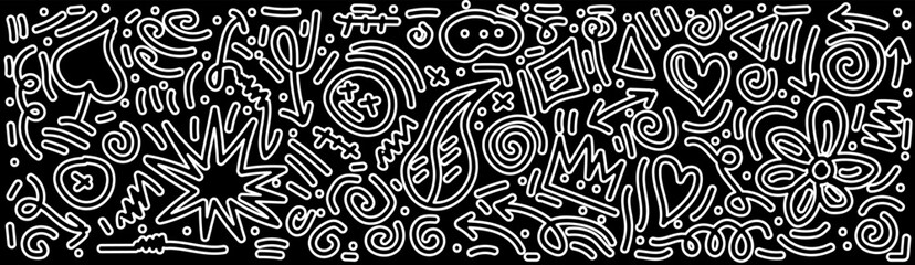 bstract black and white doodle pattern with playful hand-drawn shapes and lines. Perfect for background, textile, or modern graphic design.