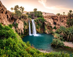 Scenic waterfall cascades into a turquoise pool, surrounded by lush greenery