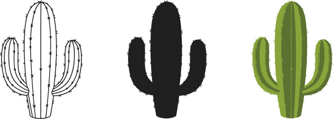 Cactus illustration with Lineart Silhouette and Green Color isolated on White Background Desert Plant Icon Vector Design for Graphic Design Element
