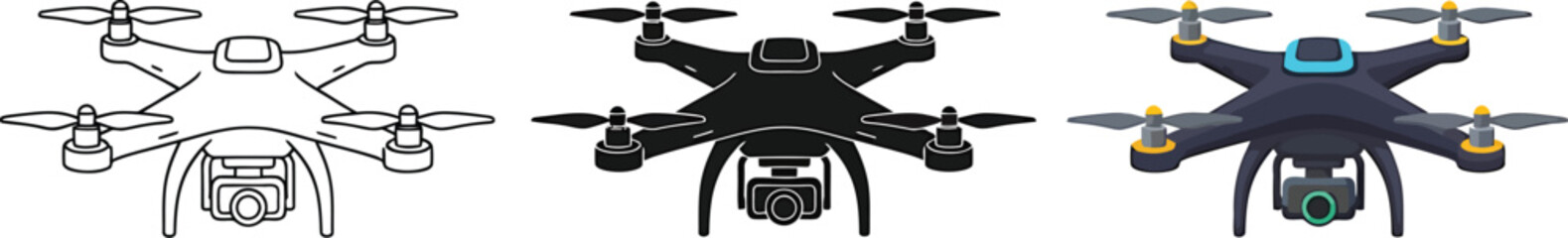 Drone Icons Collection Represents Technology and Future Developments with Three Variations Including Outline Silhouette and Color Illustration Offering Multiple Style Options