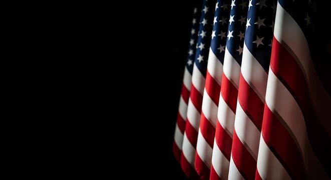 Reflecting on valor A dignified display of American flags against a profound dark background, ideal for creating a respectful Veterans Day tribute and remembrance copy space empty
