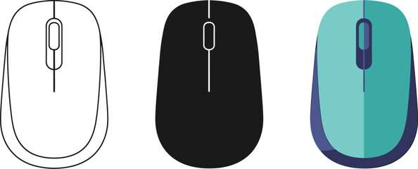 Three computer mice in different styles and colors offer a variety of choices for users and designers with outline black and teal options