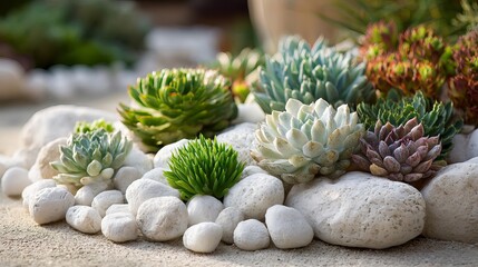 Fototapeta premium Stunning arrangement of vibrant succulent plants nestled amongst smooth white stones, creating a serene and natural garden display.
