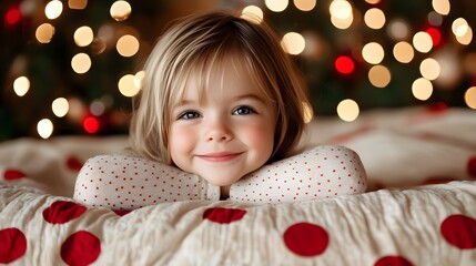 Smiling child with blonde hair resting on a blanket surrounded by festive holiday lights and decorations in a cozy setting