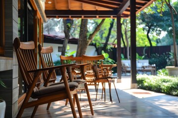 Fototapeta premium Comfortable wooden chairs create a relaxing atmosphere on a sunny porch, perfect for enjoying the surrounding nature