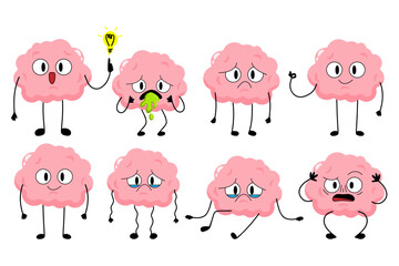 Sad tired burnout depression brain cartoon character set. Brain with depression, burnout, serotonin, antidepressants, vomiting, nausea. Stock vector illustration isolated on white background.
