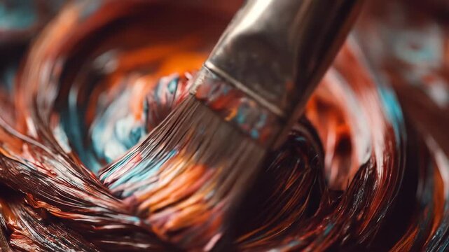 Paintbrush with colorful paint strokes creates a swirling artistic background.