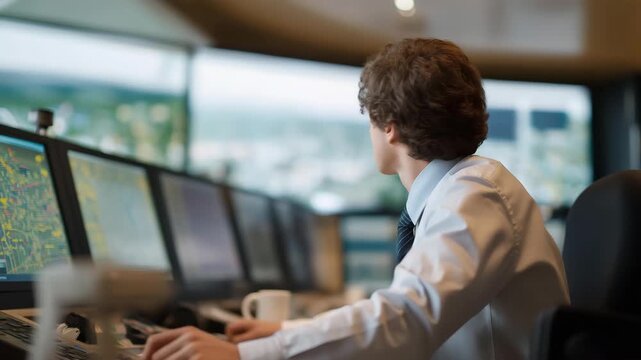 A technician monitors a silo&rsquo;s temperature in a control room, with gauges ticking, screens displaying data, a coffee mug cooling, and a window showing a snowy field, shown in a high-tech photo with