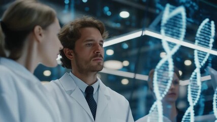 Advanced laboratory interior with glowing neon walls, scientists interacting with holographic genetic databases, and AI-powered systems analyzing DNA, highlighting futuristic research precision and - Powered by Adobe
