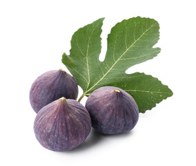 Fresh ripe figs and leaf on white background