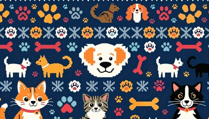 Obraz premium Colorful knitted pattern featuring cute pets, paws, and bones on a dark background with copy space