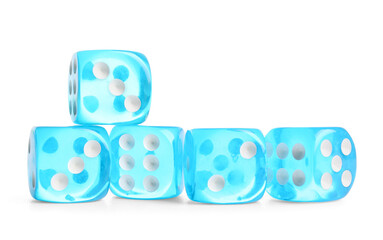 Many blue game dices on white background
