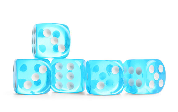 Many blue game dices on white background