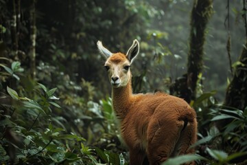 Fototapeta premium Young vicuna observing the surroundings in a foggy rainforest in the andes
