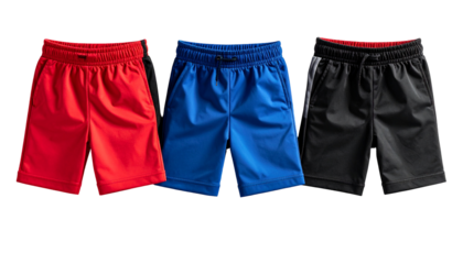 Three shorts in red, blue, and black