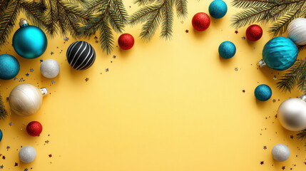 Top view of Christmas tree decorations, toys, balls and confetti yellow surface with empty space for text. Festive, Christmas background. Merry Christmas and Happy Holidays greeting card, frame, and