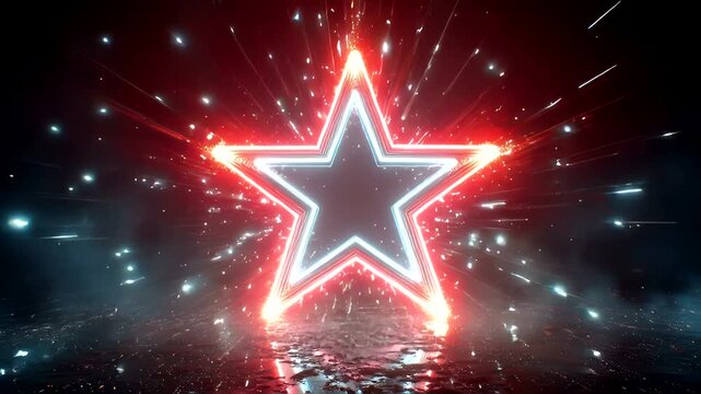 Glowing starburst bursts with red and white light against dark, smoky background