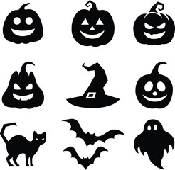 Halloween Silhouette Set, Pumpkin, Bat, Cat, Ghost, Witch Hat, Spooky October Icons, Halloween pumpkins bats cat ghost witch hat spooky october silhouettes