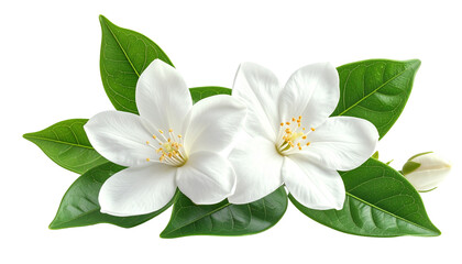 Two white flowers with green leaves