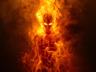 A ghost emerging through blazing fire, glowing with eerie light and surrounded by smoke in a dark atmosphere. AI-generated