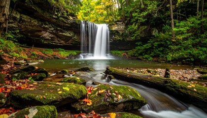 Serene cascade flowing into a tranquil, mossy pool, surrounded by vibrant foliage
