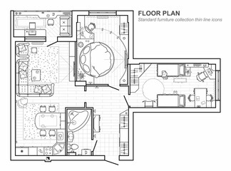 Floor plan with furniture in top view. Architectural set of furniture thin line icons. Detailed layout of the modern apartment.
