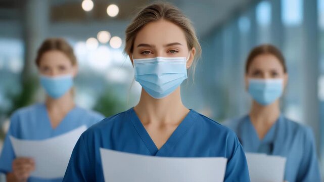 Healthcare staff reading pandemic protocol guidelines with serious expressions, symbolizing global safety, medical preparedness, and adherence to protective standards in modern hospitals.