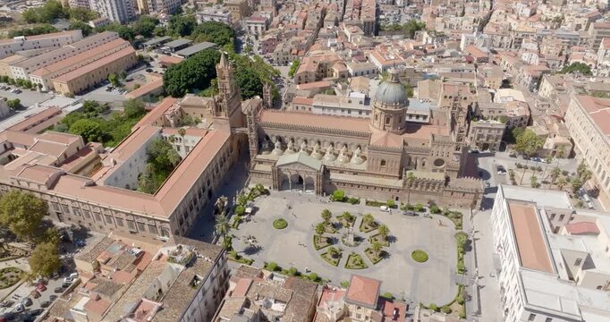 Aerial view of Palermo Cathedral. It is the cathedral church of the Roman Catholic Archdiocese of Palermo, located in Sicily, southern Italy. It is dedicated to the Assumption of the Virgin Mary.