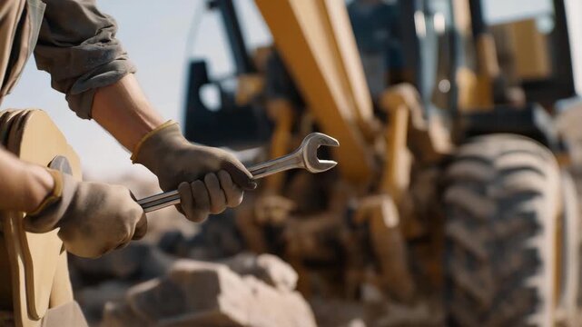 Heavy machinery at a construction site is adjusted with gloved hands gripping a wrench, reflecting industrial safety, strength, engineering, and protective workplace practices. three-quarter wide