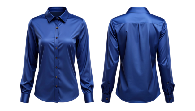 Shiny blue buttoned shirt, front and back