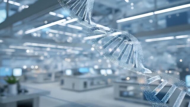 Modern biotech laboratory where transparent holographic DNA structures float among high-tech sequencing devices, symbolizing cutting-edge medical science, genetic research, and futuristic