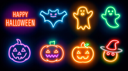Halloween neon icons: pumpkins, ghosts, bat, and “Happy Halloween” sign glow in vibrant colors.